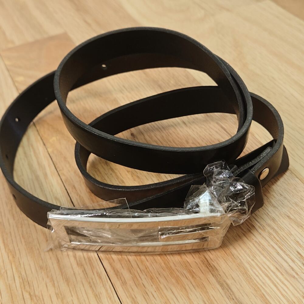 Black Faux Leather Thin Belt Silver Toned buckle